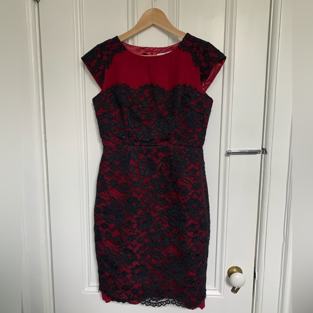 LK Bennett Lavinie Dress US 4 Burgundy Black Lace Cocktail